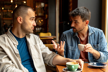 Two men engaged in a serious conversation while savoring coffee at a cozy cafe, sharing thoughts and ideas during their coffee break