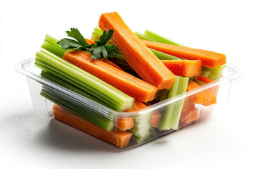 Healthy snack options packaged precut vegetable sticks kitchen table food photography minimalist style top-down view freshness concept