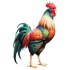 Fototapeta premium Colorful rooster with red and blue feathers suitable for farm themed designs, greeting cards, ornamental prints, and children's book illustrations.