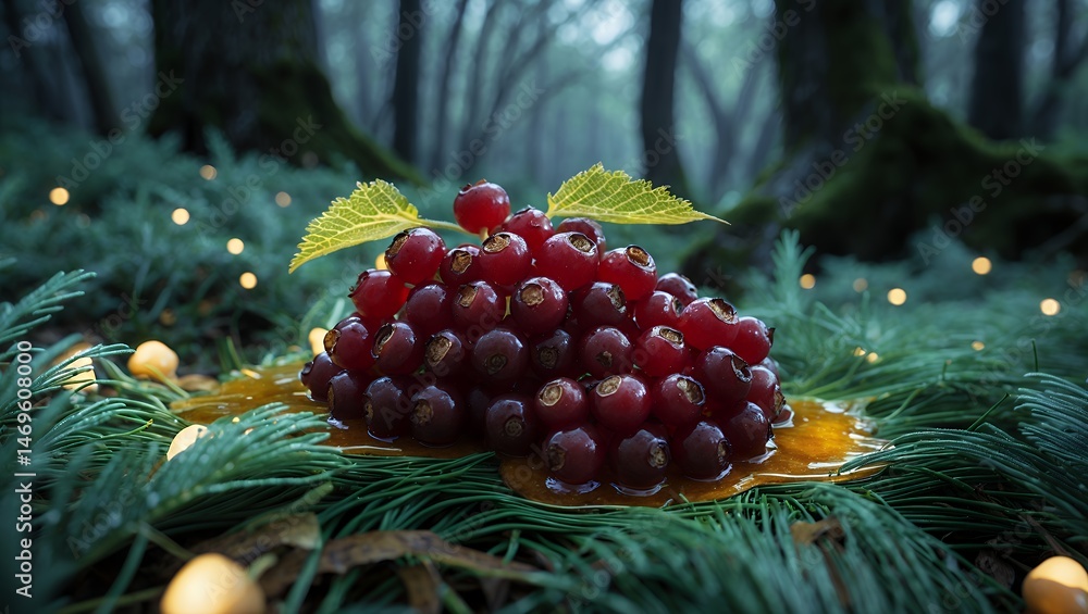 Poster red currant berries stacked on pine needles in a forest setting