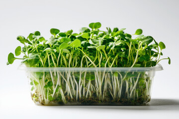 Fototapeta premium Packaged organic microgreens in a plastic container indoor kitchen setting fresh produce vibrant green environment close-up viewpoint sustainable eating concept