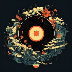 Vinyl record art, ocean waves, autumn leaves, dark background; album cover
