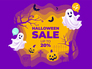 Halloween Sale Promotion Banner, Poster template. Vector illustration with ghost, balloons, bats, Jack O' Lantern pumpkins, tombstone on purple background. Spooky cartoon background designs