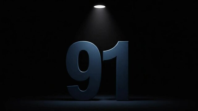 3D dark blue number '91' with spotlight on black &mdash; calm and serious.