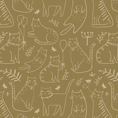 Seamless pattern with cute Kittens in diferent style. Creative childish texture. Great for fabric, textile Vector Illustration
