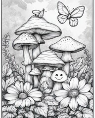 Fantasy mushroom garden with flowers and butterfly
