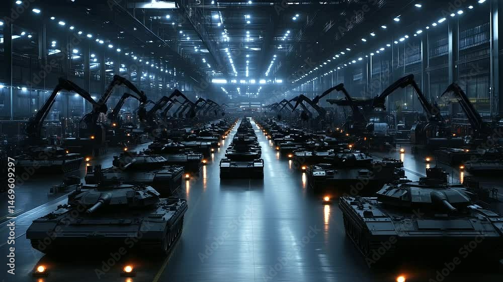 Poster a panoramic view of a high-tech factory floor, featuring rows of military tanks in various stages of