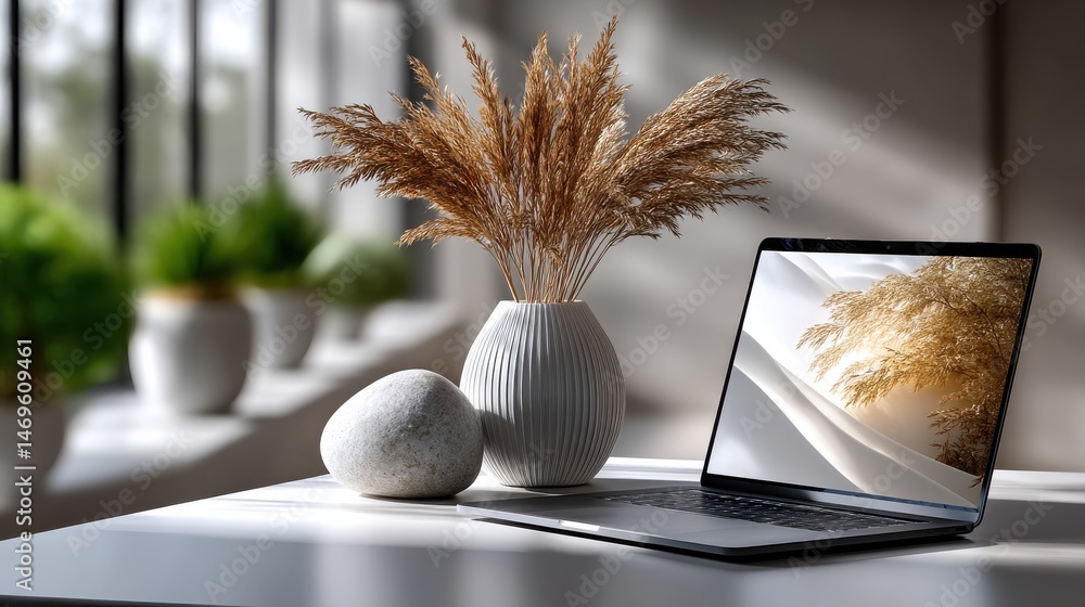 Poster a laptop is on a table with a vase of dried grass next to it