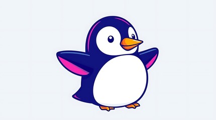 Obraz premium Clean background, vector illustration of a modern flat design penguin pop art logo. Adorable and cute penguin in electric vivid colors. Simple, two-dimensional shapes