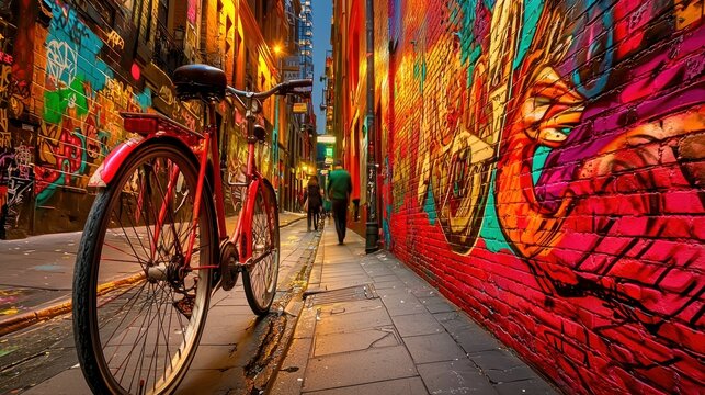 Bicycle amidst the vibrant alley art of a urban landscape at twilight