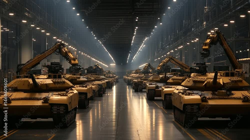 Poster a panoramic view of a high-tech factory floor, featuring rows of military tanks in various stages of