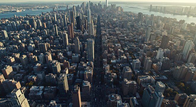 Aerial View of Manhattan Skyline at Sunset, New York City