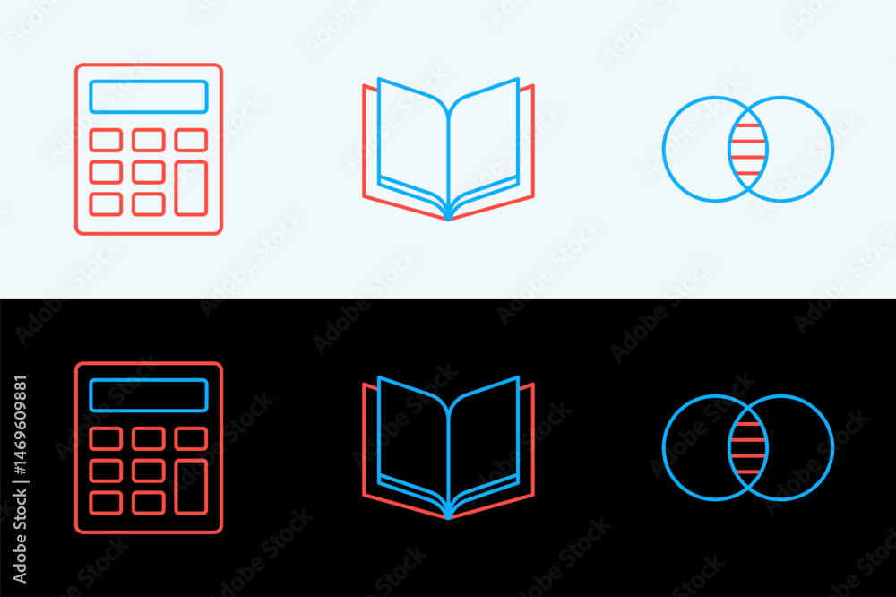 Poster set line mathematics sets a and b, calculator and open book icon. vector