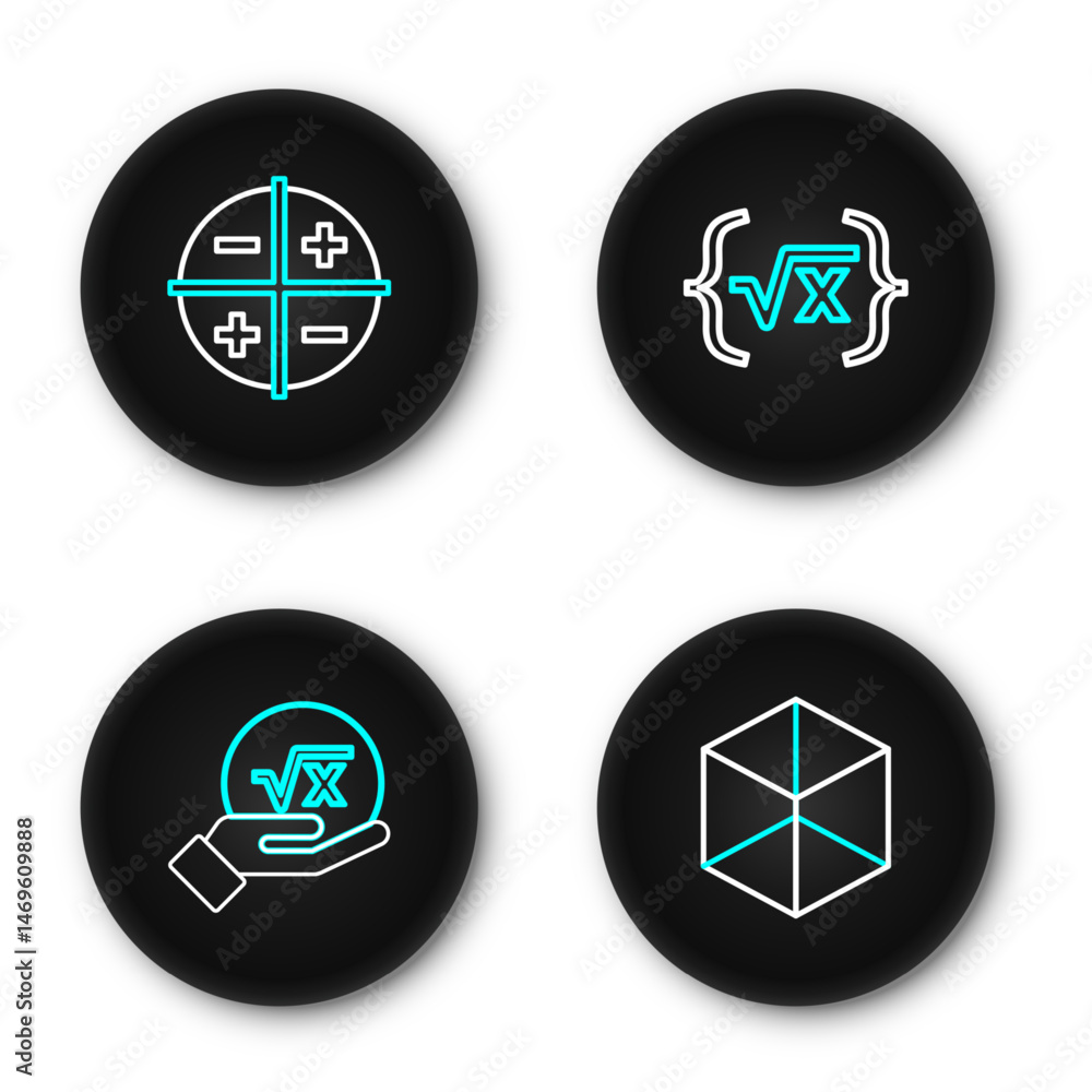 Aufkleber set line geometric figure cube, square root of x glyph, and xyz coordinate system icon. vector