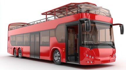 Red double decker bus with open top design isolated on white background