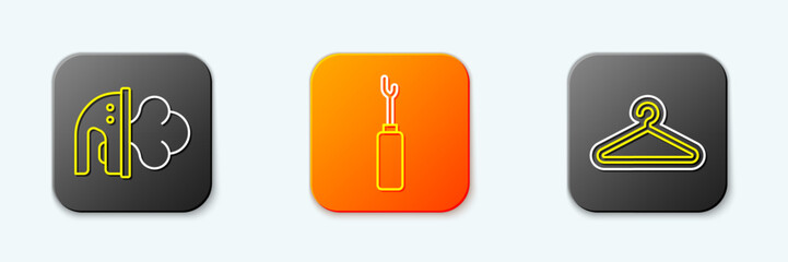 Set line Electric iron, Awl tool and Hanger wardrobe icon. Vector