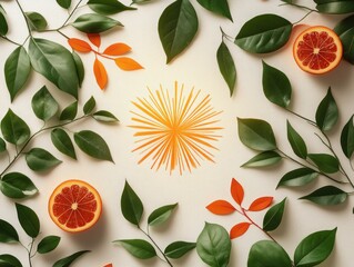 Fresh vibrant leaves, citrus, and radiating design