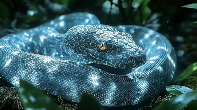 A shimmering blue python coiled among lush green foliage, glistening in soft sunlight