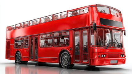 Vibrant red double decker bus against a white background