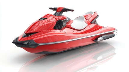 Vibrant red jet ski isolated on white background with reflections