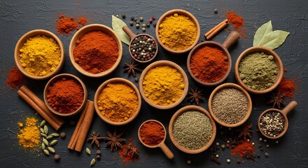 Spices arrayed on textured background