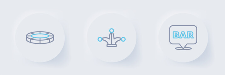 Set line Alcohol bar location, Joker playing card and Casino chips icon. Vector