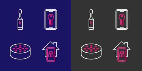 Set line Mobile with smart home, Water sensor, Smart key and Electric toothbrush icon. Vector