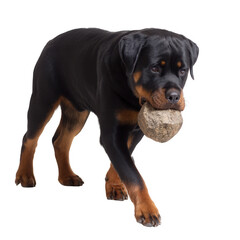 Obraz premium A playful Rottweiler carrying a stone in its mouth, showcasing its strong physique and friendly demeanor, perfect for animal lovers and pet-related content.