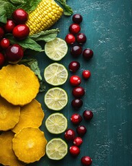 Vibrant autumnal foods arranged on a teal surface