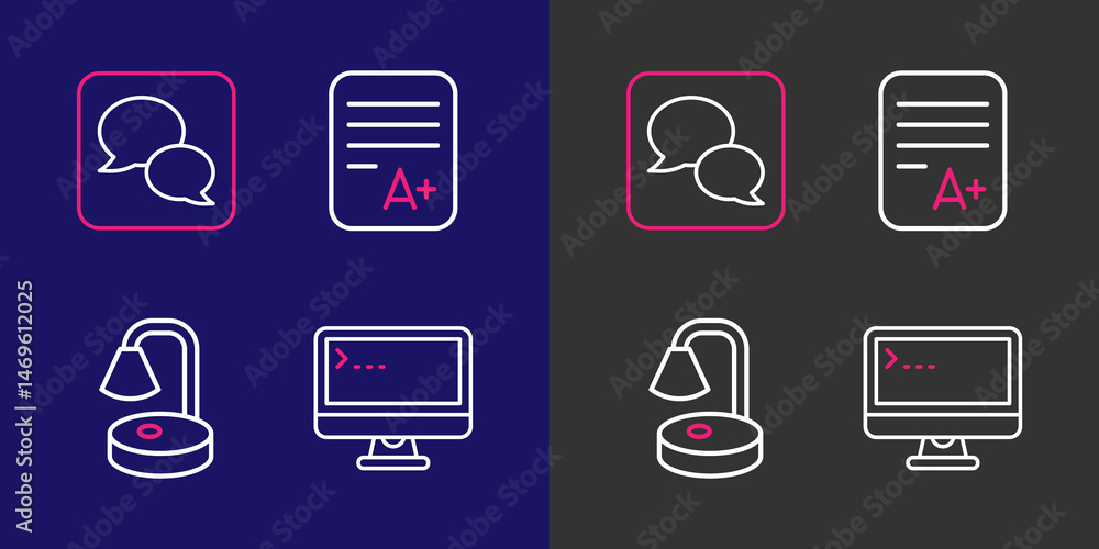 Poster set line computer monitor, table lamp, exam sheet with a plus grade and speech bubble chat icon. vec