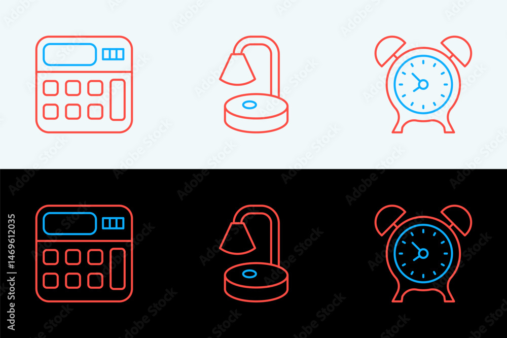 Poster set line alarm clock, calculator and table lamp icon. vector