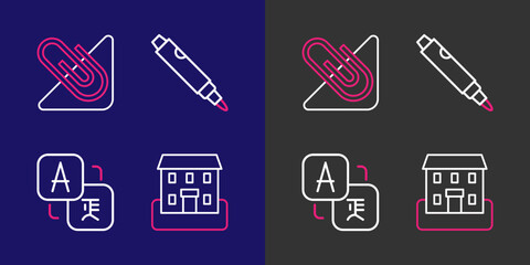 Set line School building, Translator, Marker pen and Paper clip icon. Vector