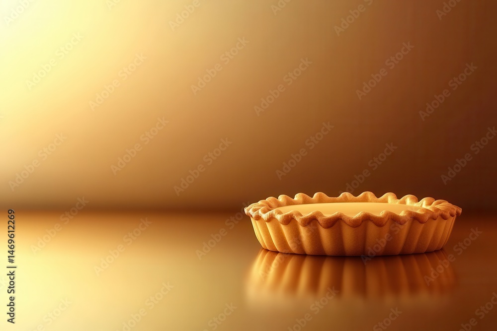 Poster a perfectly shaped empty tart shell resting on a smooth surface, illuminated by soft golden light