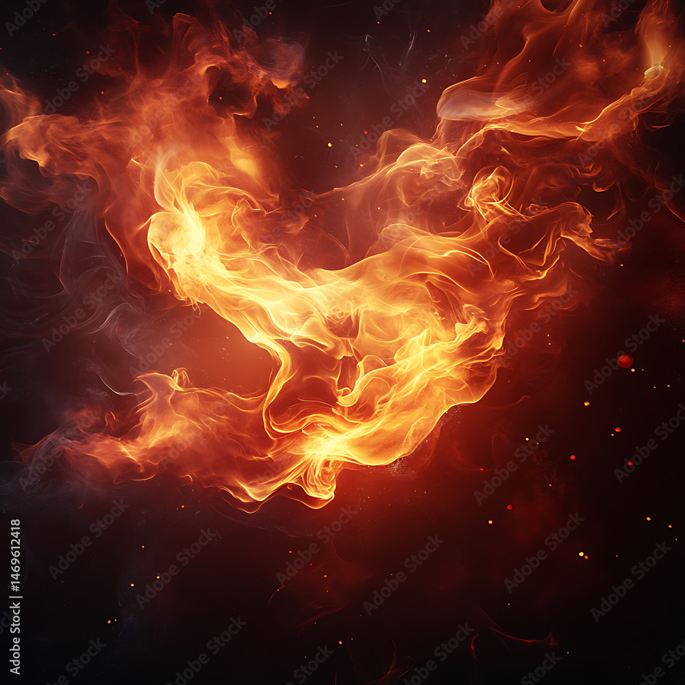 Poster mesmerizing display of realistic flames swirling in vibrant orange and red hues, creating intense an