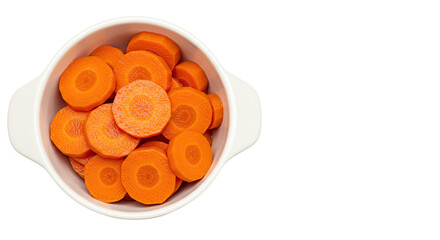 Pickled Carrot Slices Overhead in White Bowl; Isolated on White, Healthy & Colorful Food