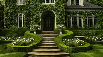 Keuken achterwand Tuin Lush ivy-covered mansion with manicured gardens and stone staircase  © purnama