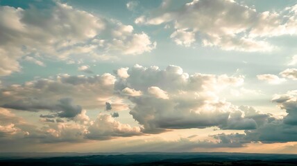 Beautiful Sky With Cumulus Clouds And Horizon Line At Sunset