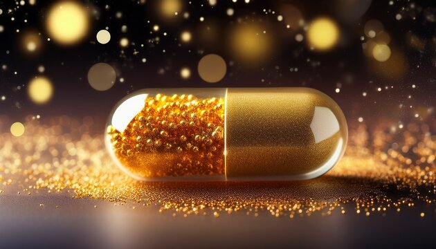 glowing capsule filled with golden nanoparticles on sparkling background