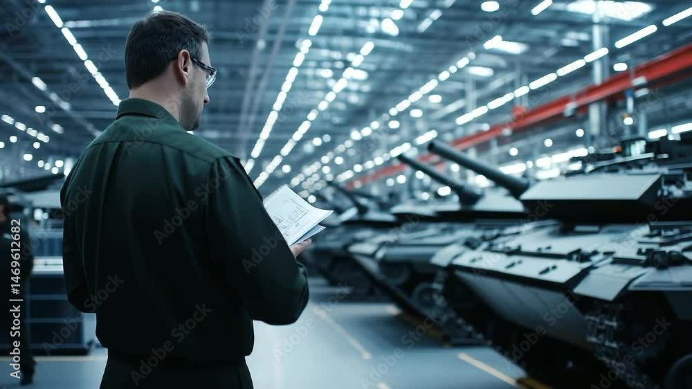 Poster military tanks in a large-scale factory setting, engineers reviewing design blueprints and overseein