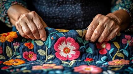 Expert hands meticulously embroidering a vibrant floral textile