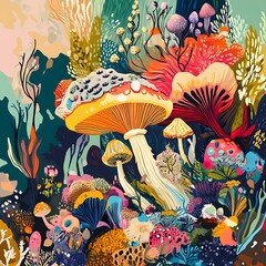 Naklejka premium Vibrant fantasy mushroom forest illustration, whimsical background, nature design, art print