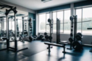 Fototapeta premium Abstract blurred fitness center with equipment as background, modern theme with complete equipment, bright light, blurred gym background.