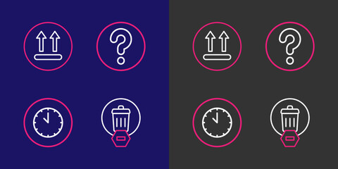 Set line Trash can, Clock, Unknown search and Temperature wash icon. Vector