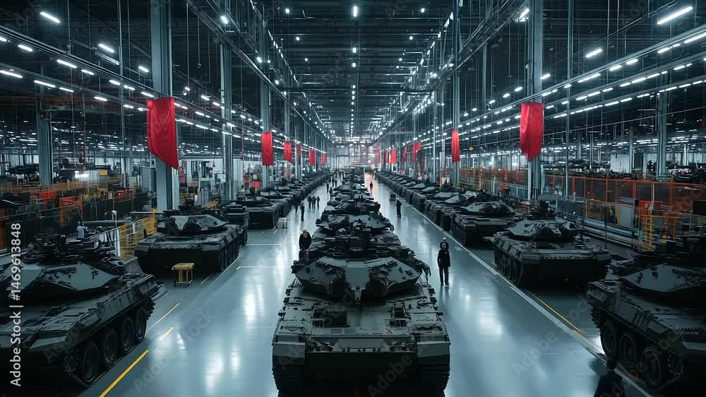 Poster a massive factory with rows of armored vehicles in the process of being assembled, showcasing the in