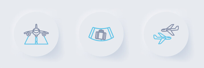 Set line Plane, Conveyor belt with suitcase and icon. Vector