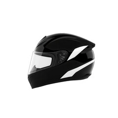 Fototapeta premium A sleek black motorbike helmet with a glossy finish and a white stripe design. Ideal for safety and style while riding.