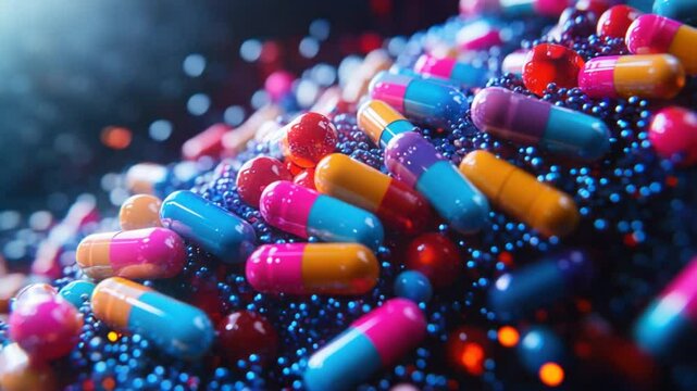 Colorful pills and capsules, densely packed,  creating a vibrant, medicine-themed abstract display.  Particles and highlights add depth and movement