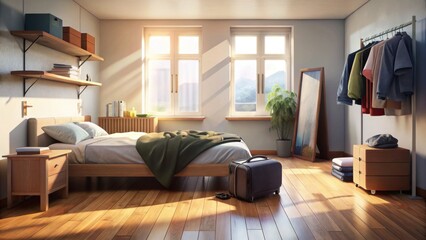 Cozy bedroom interior with sunlight and organized decor  