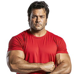 Fototapeta premium A strong male figure, showcasing muscular physique, wearing a red t-shirt with a serious expression. Ideal for fitness, strength, or motivational themes.
