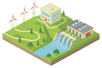 60 detailed 3d illustration, isometric view, hydroelectric dam, wind turbines, river, waterfall, power plant, countryside, lush green landscape, realistic environmental scenery